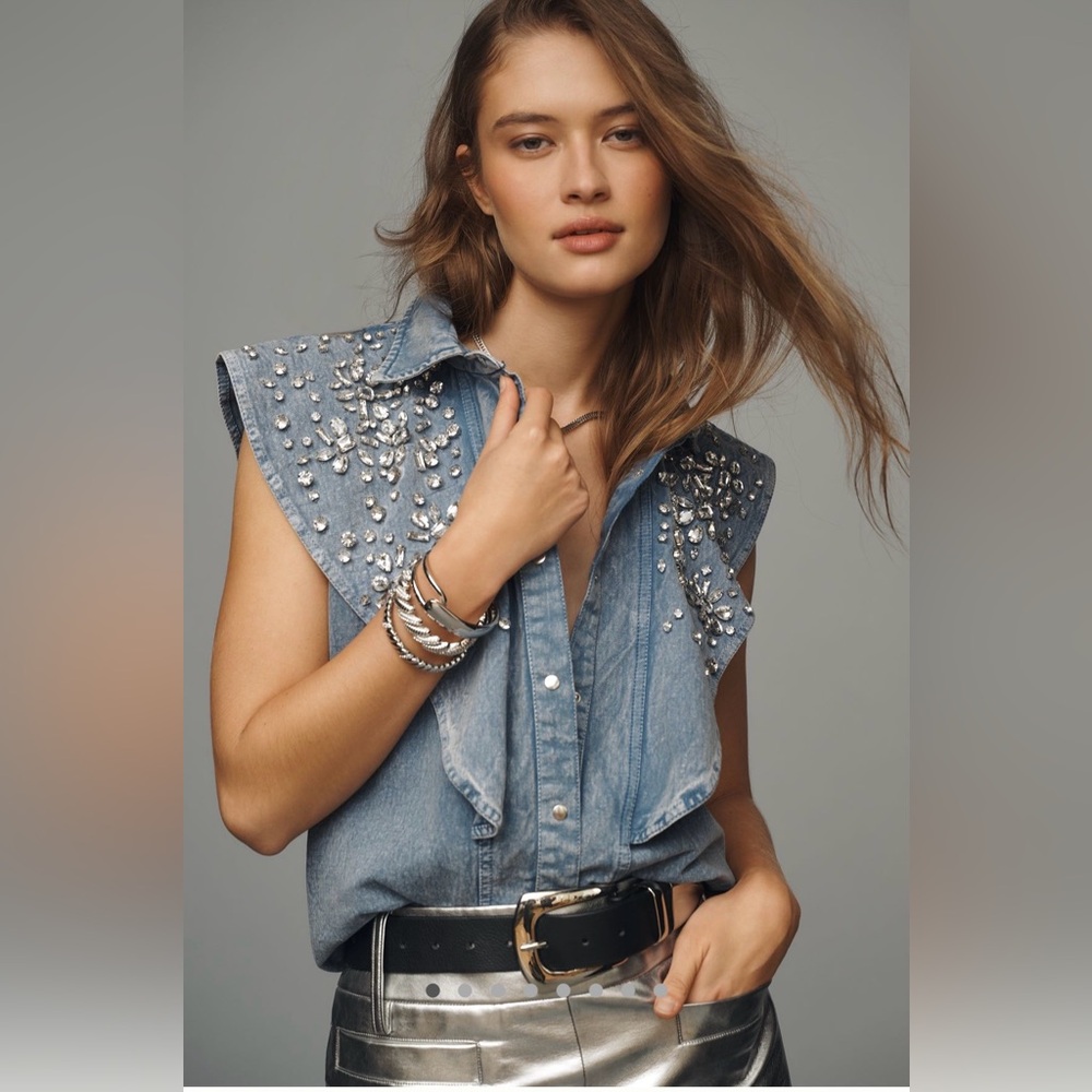 Anthropologie: Crystal-Studded Sleeveless Denim Blouse.